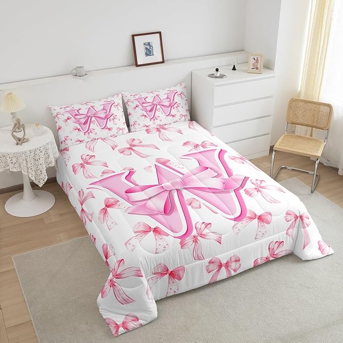jejeloiu Kids Girls Cute Pink Bow Comforter Set Full Size Monogrammed Bedding Set Ultra Soft Personalized Initial W Duvet Quilt Coquette Bow Knot Quilt Set Room Decor Modern Fashion Comforter