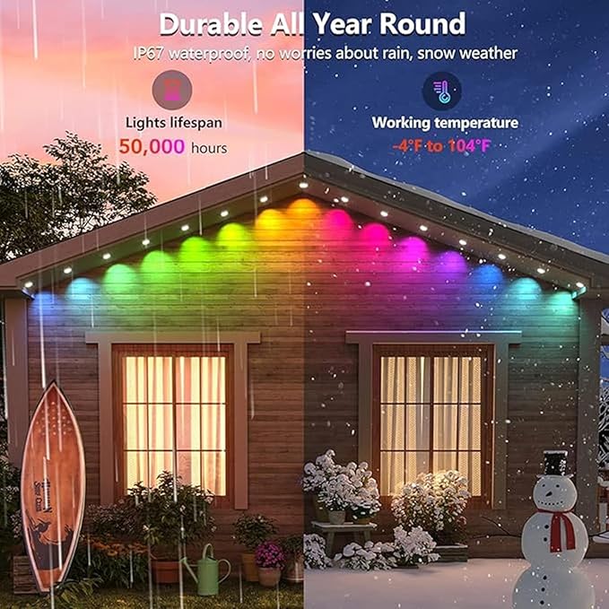 Permanent Outdoor Lights,50ft RGB + IC Smart LED Eaves Lights with App & Remote Control, IP67 Waterproof,for Christmas and All Holiday Decor,Daily and Accent Lighting,House Roof and Garden Lighting