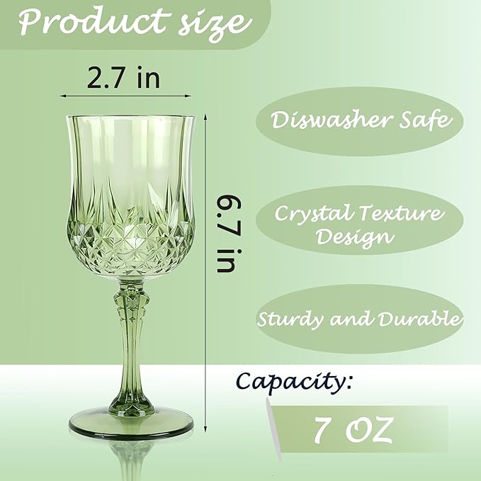 Plastic Wine Glasses，Plastic Goblets Vintage Style Cordial Drinking Glasses for Wedding Reception, Grand Event Party Supplies (48, New Green)