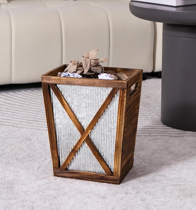 Small Wood Trash Can Wastebasket, Decorative Barn Door Garbage Can Waste Basket, Rustic Distressed Rectangular Trash Bin, Farmhouse Wooden Storage Basket Waste Paper Bin (Brown)