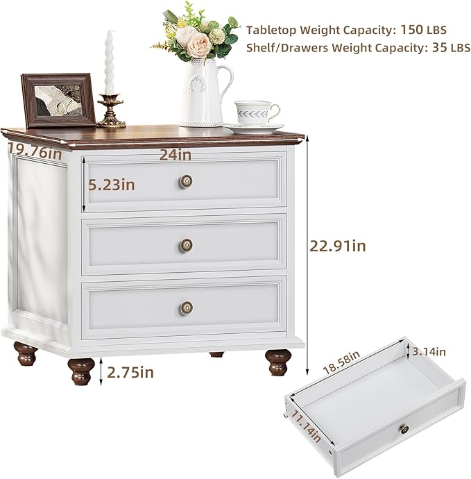 24" Wide Farmhouse Night Stand,Large End Table with 3 Drawers & Metal Handle,Wood Dresser for Bedroom, White Bed Side Table Chest of Drawers Cabinet,Nightstand for Living Room,Closet