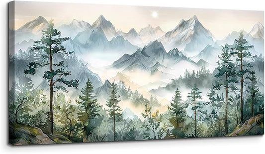 SERIMINO Large Canvas Wall Art for Living Room, Mountain Forest Landscape Canvas Prints Paintings, Nature Scenery Wall Decor, Green Modern Home Bedroom Bathroom Pictures Home Decor 24"X48"