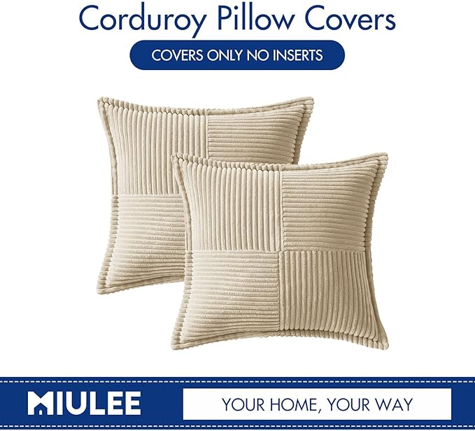 MIULEE Decorative Throw Pillow Covers for Couch Bed Livingroom 18x18 Inch Set of 2 Cream Boho Accent Throw Pllows Broadside Striped Patchwork Soft Corduroy Pillowcases