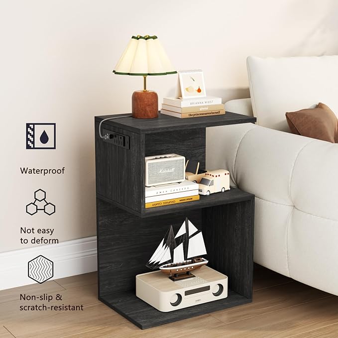 Furologee S Nightstand with Charging Station, 3 Tier Open End Table with Drawer, Wood Bedside Table with Storage for Living Room/Bedroom/Small Space, Black Oak