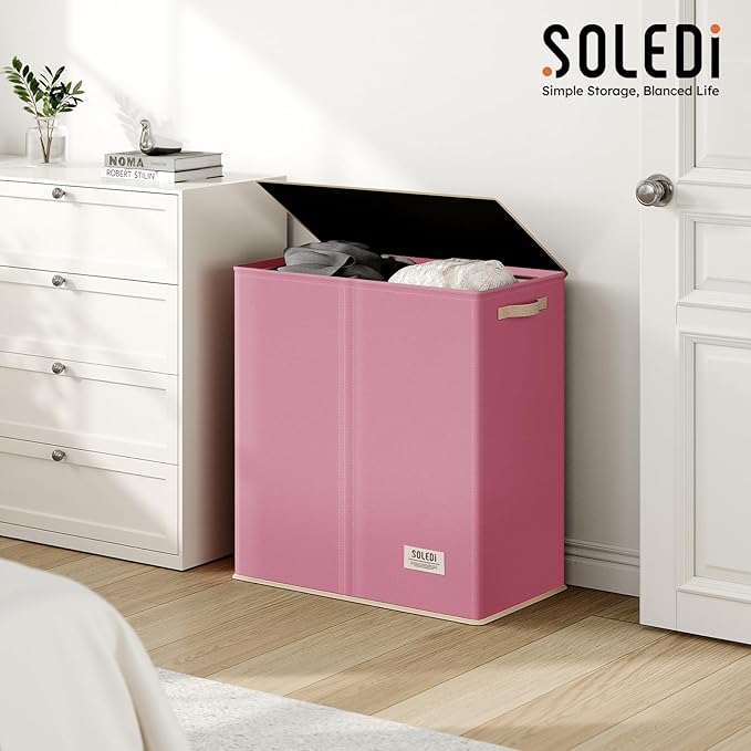 SOLEDI Large Double Laundry Hamper with Lid, Collapsible Clothes Hamper 2 section with Removable Bags, Space-Saving Laundry Basket for Bedroom, Dorm, College