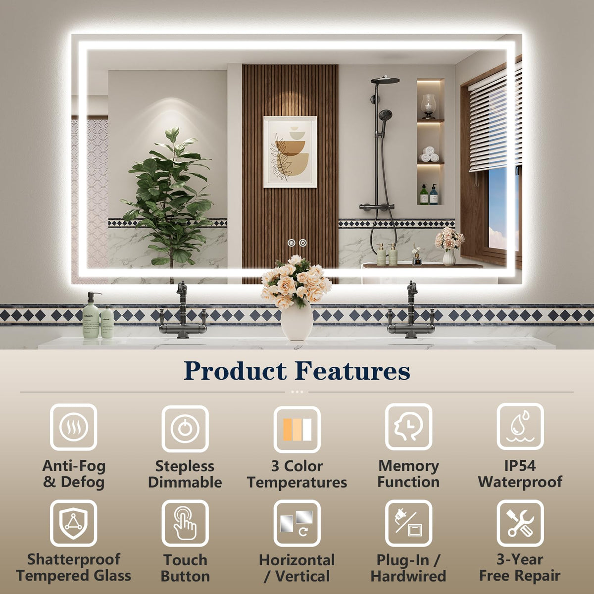 VEEYLOS 72x36 Inch LED Bathroom Mirror with Lights, Backlit & Front Lit