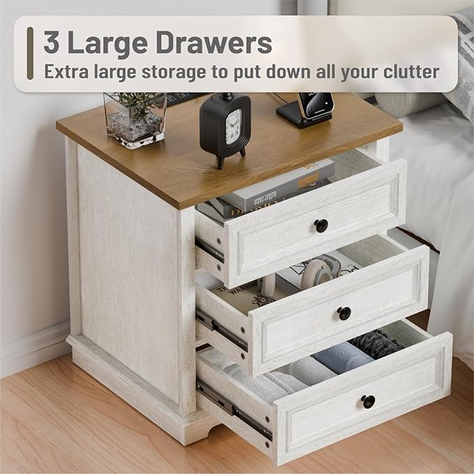 Nightstand with Charging Station Set, 24” Wide End Table with 3 Drawers Set of 2, Modern Bedside Table with Storage, Wood Small Dresser for Bedroom Living Room. (White)