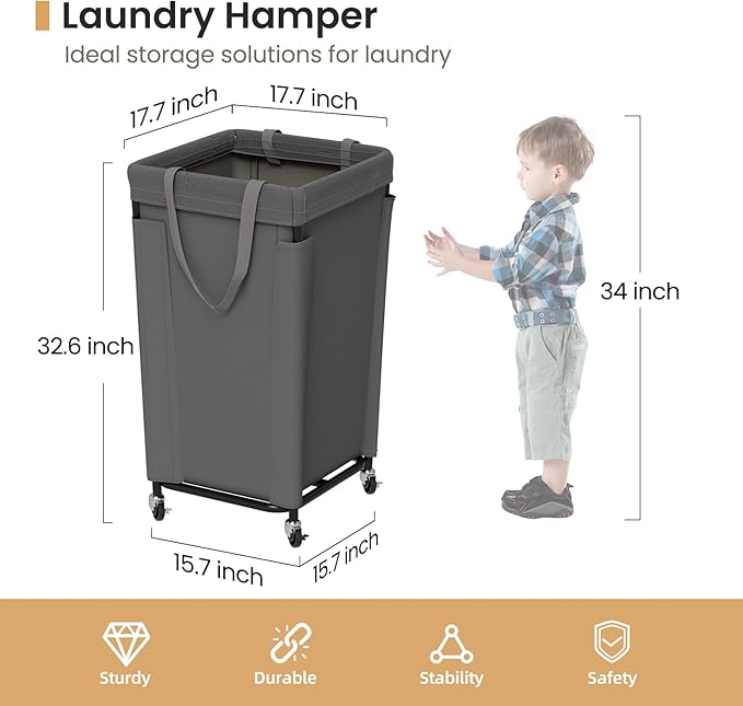 Laundry Basket with Wheels, Laundry Hamper with Removable Bag and Steel Frame, 160L Rolling Dirty Clothes Basket for Bedroom, Bathroom, Laundry Room (Gray)