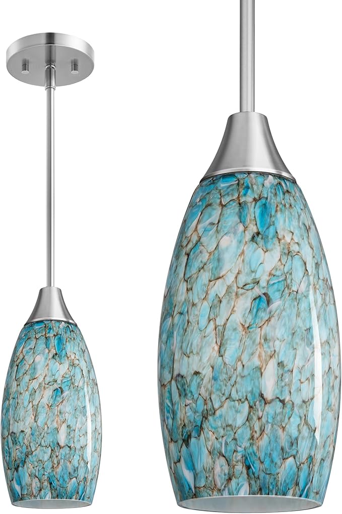 EDISHINE Pendant Light, Hand Blown Hanging Light Fixture, Adjustable Brushed Nickel Rods, Blue Glass Pendant Lighting for Kitchen Island, Sink, Bathroom, Dining Room