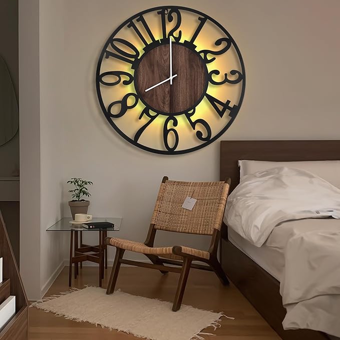 LEIKE Large LED Wall Clocks,Silent,Non Ticking,Battery Operated Rustic Round Modern Big Wood Wall Clock for Living Room, Bedroom,Kitchen,Farmhouse,Office,Home Decor -32" Black,LED,Arabic Number