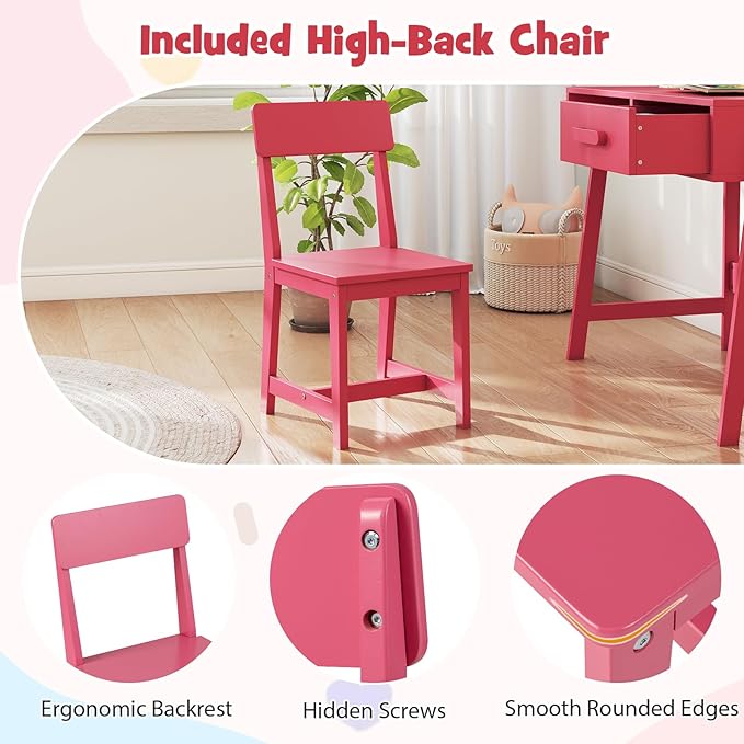 HONEY JOY Kids Desk and Chair Set, Wooden Children School Study Table and Chair w/Storage Drawer & Hutch, Student Writing Desk Computer Workstation for Bedroom, Gift for 3+ Years Old (Pink)