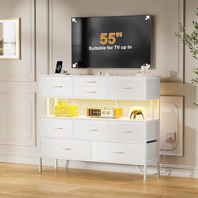 REAHOME Dresser TV Stand with Charging Station and LED Lights, 55” TV Stand Entertainment Center with 9 Drawers, Steel Frame, Large Storage Chest of Drawers for Bedroom, Living Room, White