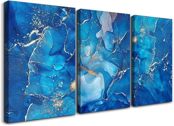 MHARTK66 Canvas Wall Art For Living Room Large Wall Decorations For Bedroom Modern Bathroom Wall Decor Painting Blue Abstract Pictures Artwork Inspirational Canvas Prints Art Home Decor 3 Pieces