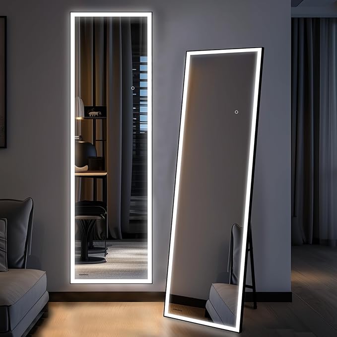 68x20 Full Length Mirror, Dimmable 3 Color LED Light w/Light Memory, Distortion Free Silver Coating Mirror, HD Reflection &Anti Desilvering,Tempered Glass &Shatter Proof Film Doubles Safety