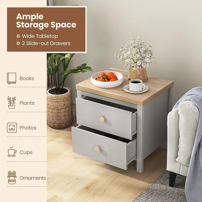 Giantex Night Stand with 2 Drawers Set of 2, Farmhouse Bedside Table with Cute Round Knobs, Wooden Floor End Table with Rubber Wood Legs, Small Sofa Side Table for Small Space Kids Bedroom, Grey