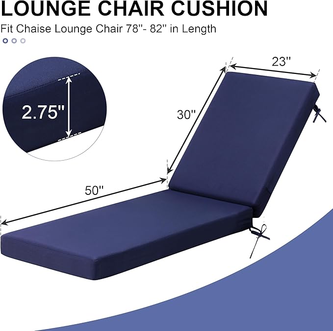 Crestlive Products Chaise Lounge Cushions Outdoor Set of 2, 80x23x3 Inch, Waterproof & 3-Year Fade Resistant Lounge Chair Cushions for Outdoor Furniture, Patio Cushions for Pool, Lawn, Navy