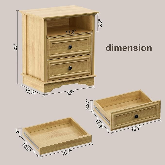 XIAO WEI Nightstand with Hidden Drawer Set of 2, 2-Drawer Nightstand with Open Shelf – Sturdy Wood Bedroom End Table for Storage, Modern Furniture for Bedroom Organization,Natural Wood