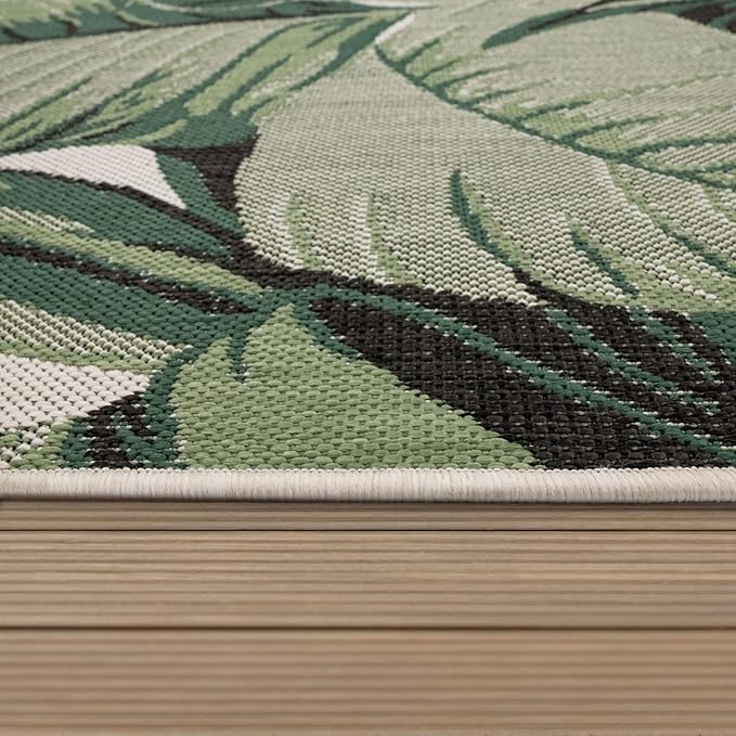 in- & Outdoor Rug Tropical Palm Leaf Design for Patio in Green Beige, Size: 2'8" x 4'11"
