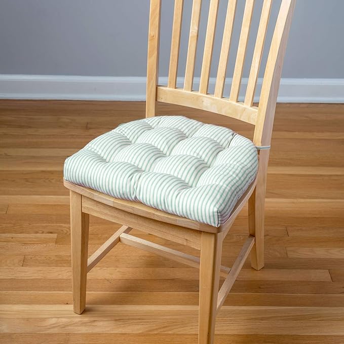 Barnett Home Decor Ticking Stripe Aqua Dining Chair Pad with Ties - Medium Size 18 Chair Cushion - Latex Foam Fill - Machine Washable, Reversible, 100% Cotton, Made in USA (Turquoise)
