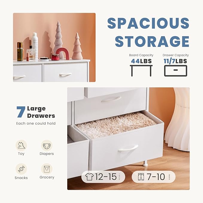 DUMOS Dresser for Bedroom with 7 Fabric Drawers, Chest Organizer Units for Clothing, Closet, Bedroom, Storage Tower with Cabinet, Metal Frame, Wooden Top, Lightweight Nursery Furniture, White