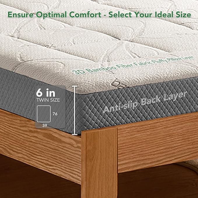 6 Inch Twin Memory Foam Mattress- CertiPUR-US Certified Foam Mattress in a Box -Medium Firm Support for Pressure Relief with Washable Bamboo Fiber Cover for Kids Single Bunk Trundle Bed