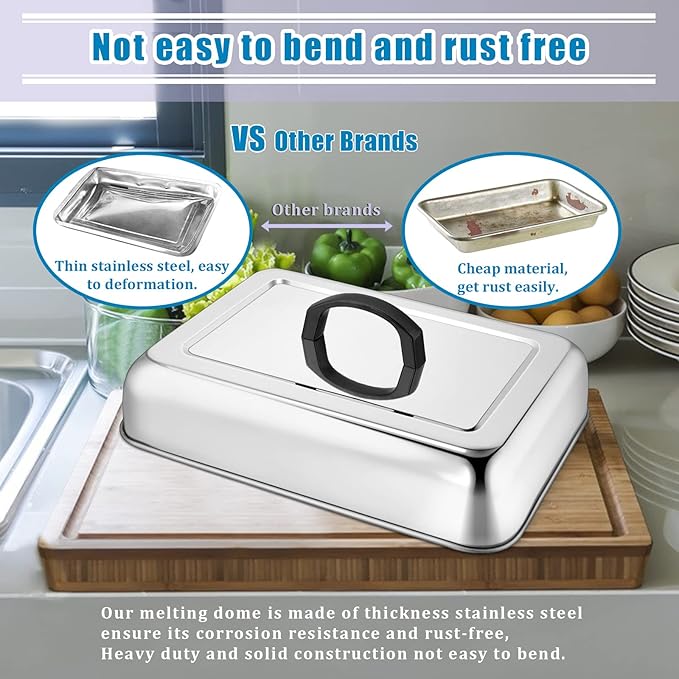 2PCS Rectangular Basting Cover, HaSteeL Stainless Steel Cheese Melting Dome Steaming Cover Lid, Heavy Duty Griddle Grill Accessories for Flat Top BBQ Kitchen Indoor & Outdoor, Dishwasher Safe