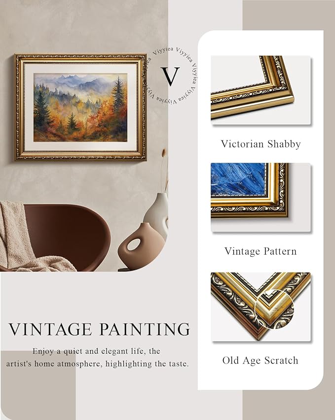VIYYIEA Gold Framed Wall Art Canvas Print Home Decor Vintage Fall Scenery Bathroom Wall Decor Aesthetic Rustic Fall Wall Art for Kitchen Office Bedroom Autumn Forest Landscape Room Decor 13x16in
