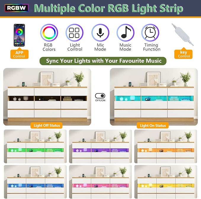 Loomie 9 Drawer Triple Dresser with Charging Station & Led Lights for Bedroom,Long 63" Dresser TV Stand for TVs up to 75",Wide Large Drawer Dressers Organizer with 3 Cubbies for Hallway, Light Wood