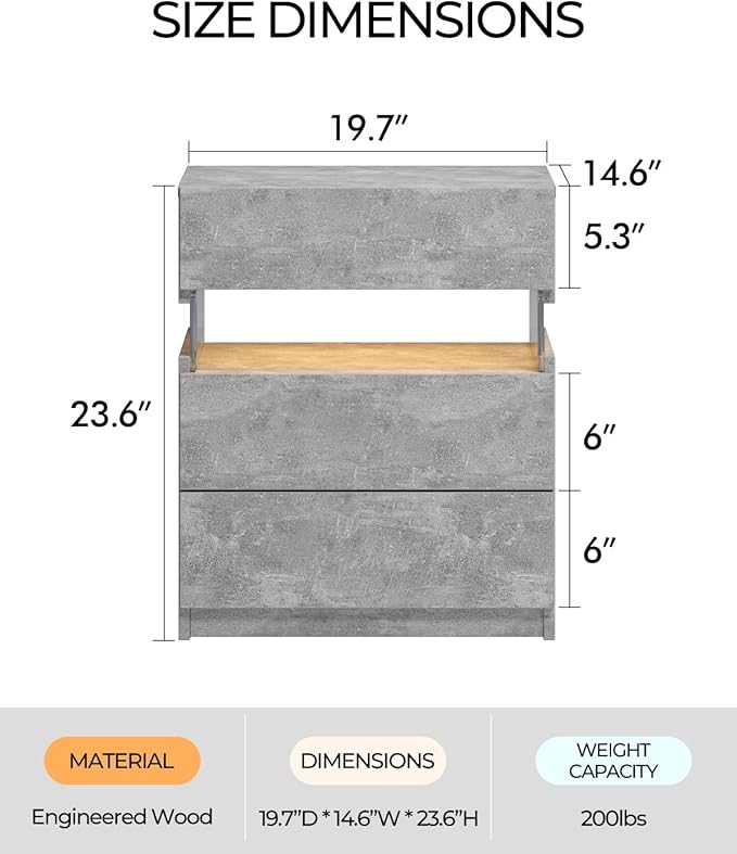 Bingoday LED Nightstands Set of 2 LED Bedside Tables with 3 Drawers Modern Night Stand with Acrylic Board Night Stand Set 2 for Bedroom