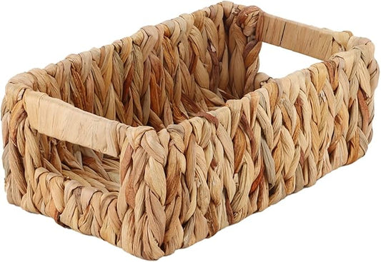 YAHUAN Woven Water Hyacinth Baskets for Organizing, Rectangular Wicker Baskets with Built-in Handles, Small Storage Baskets for Shelves, Kitchen, Make-Up,Toilet Tank Paper(Water Hyacinth 1-Pack)