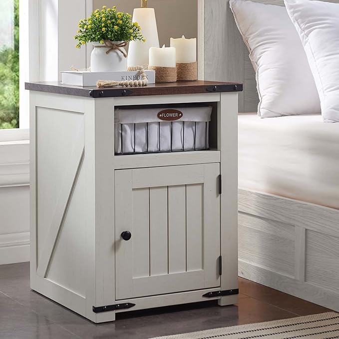 Farmhouse Nightstand with Charging Station, 20" Rustic End Table w/Barn Door, Wood Sofa Side Bedside Table w/Open Shlef & Stroage Cabinet for Bedroom (White)