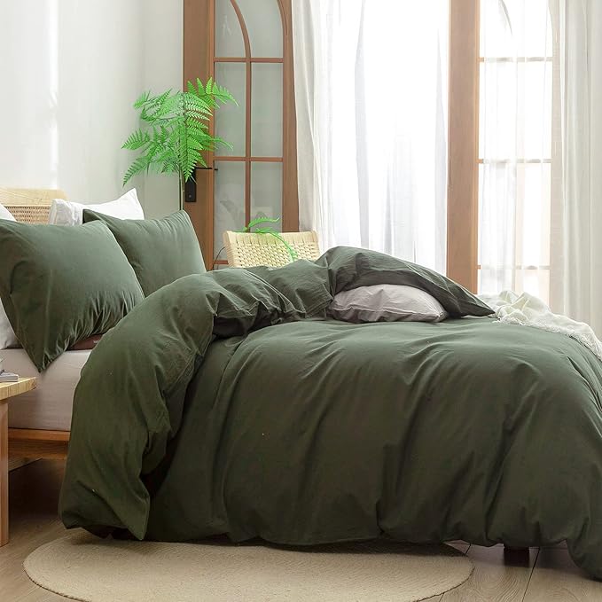 BESTOUCH Duvet Cover Set 100% Washed Cotton Linen Feel Super Soft Comfortable Chic Lightweight 3 PCs Home Bedding Set Olive Green Queen