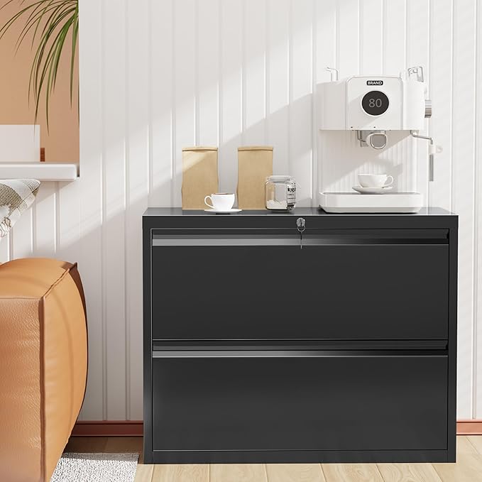 Bonusall Lateral File Cabinet 2 Drawer, Metal Lateral Filing Cabinet with Lock, Locking Horizontal Drawers File Cabinets for Legal/Letter / A4 / F4 Size for Home Office, Steel, Heavy Duty, Black