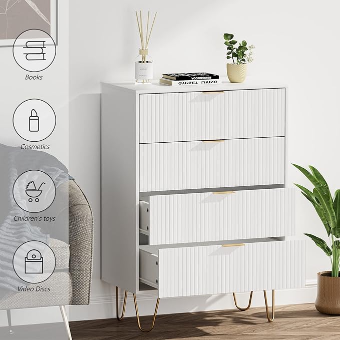 Masupu 4 Drawer Dresser, Drawer Chest, Tall Storage Chest Cabinet Organizer Unit with Metal Legs, Small Dresser for Bedroom, Living Room, Closet, Hallway White Stripe