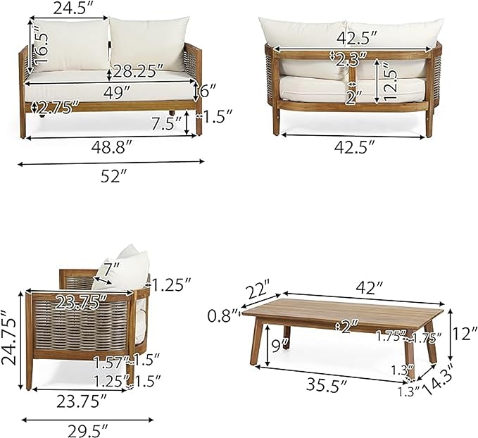 Merax 4-Piece Outdoor Acacia Wood Wicker Conversation Set with Loveseat,Club Chairs and Coffetable for Backyard Garden