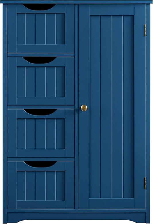 Yaheetech Wooden Bathroom Floor Cabinet, Side Storage Organizer Cabinet with 4 Drawers and 1 Cupboard, Freestanding Entryway Storage Unit Console Table, Bathroom Furniture Home Decor, Navy Blue