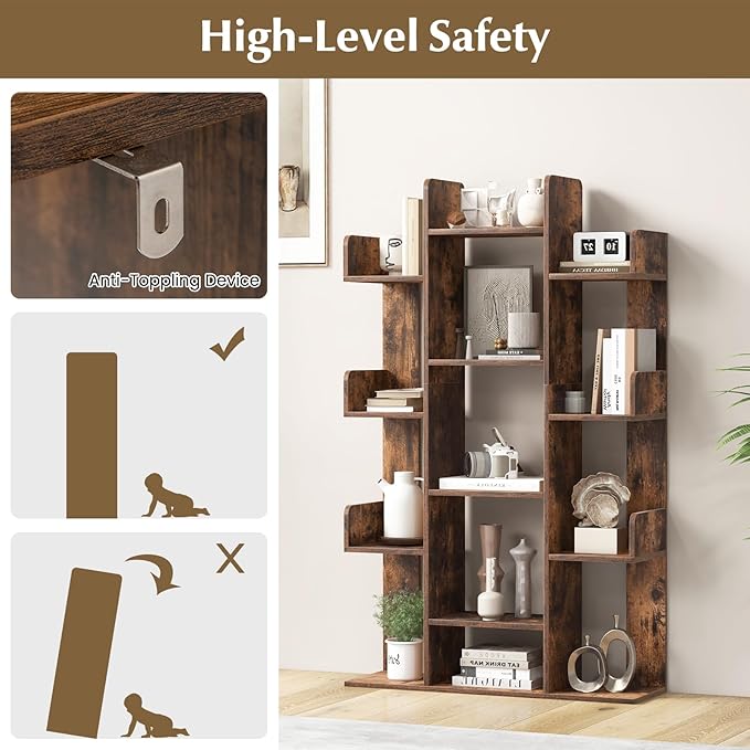 Tangkula Freestanding Tree Bookshelf, Corner Storage Organizer with 13 Open Shelves, Decorative Display Cube Shelf for Living Room, Study, Office, 34 x 9.5 x 55.5 Inch (1, Rustic Brown)