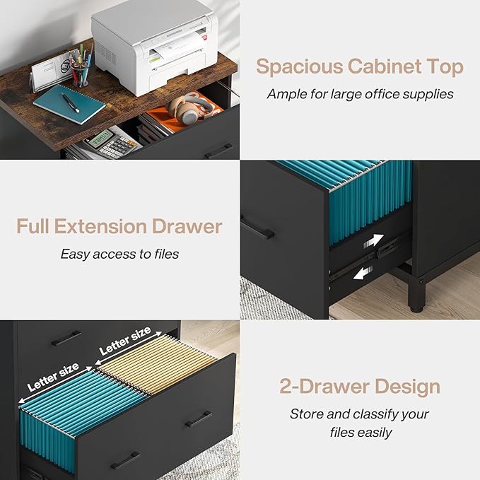 Tribesigns 2-Drawer File Cabinet, Wood Lateral Filing Cabinet for Home Office, A4, Letter Size, Brown and Black