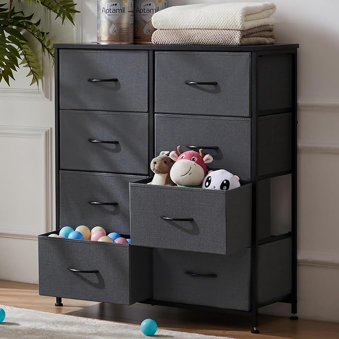 DUMOS Dresser for Bedroom with 8 Fabric Drawers, Tall Chest Organizer Units for Clothing, Closet, Kidsroom, Storage Tower with Cabinet, Metal Frame, Wooden Top, Lightweight Nursery Furniture, Grey