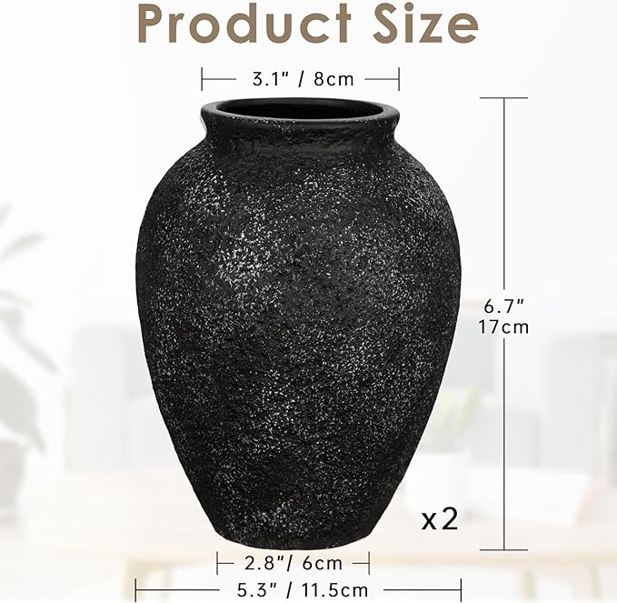 Rustic Ceramic Vase for Home Decor – 2PCS 6.7" Small Decorative Textured Black Vases for Dried Flowers, Pampas Grass, Faux Plants – Modern Farmhouse Boho Table Centerpiece