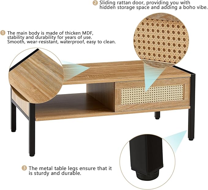 Rattan Coffee Table 40.16" Mid Century Modern Coffee Table with Storage, Farmhouse Rectangle Wooden Accent Center Sofa Table with Rattan Sliding Door for Living Room (Natural)