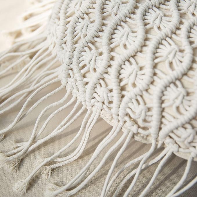 Phantoscope 100% Cotton Handmade Crochet Woven Boho Throw Pillow with Tassel Cute Farmhouse Pillow Insert Included Lumbar Small Decorative Cushion for Couch Sofa, Off White,16 inches Round