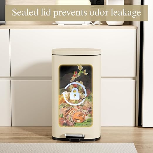 AthLike Trash Can, Stainless Steel Kitchen Garbage Can, Step Waste Bin with Hinged Lid and Removable Inner Bucket, Soft-Close, Dustbin for Bathroom Bedroom Living Room Home (Beige, 8 Gal)