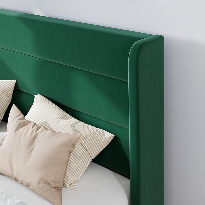 SHA CERLIN Queen Size Velvet Bed Frame/Vertical Channel Tufted Wingback Headboard/Upholstered Platform Bed with Wooden Slats/Mattress Foundation/No Box Spring Needed/Easy Assembly/Green