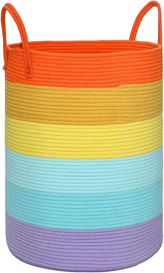 58L Large Dirty Clothes Hamper, Cotton Rope Laundry Hamper with Handles, Woven Foldable Laundry Hamper for Dirty Clothes, Blankets, Pillows in Bathroom, Living Room (Rainbow, 15 x 20in)