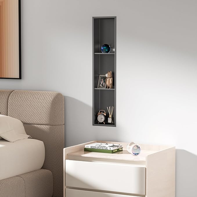 Stainless Steel Shower Niche 8" X 36", No Tile Needed Three-Tier Wall Niche, Recessed Shower Shelf for Bathroom Storage, Gun Metal