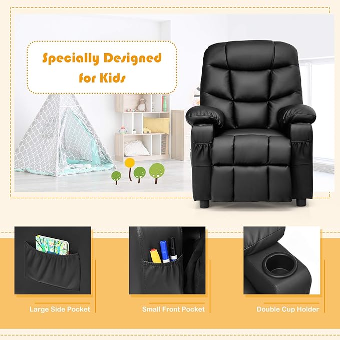 Kids Recliner, Kids Recliner Chair w/ 2 Cup Holders, PU Leather Kids Chairs Compy w/Adjustable Backrest & 3 Pockets, Toddler Furniture Sofa for Boys Girls Aged 3+ (Black)