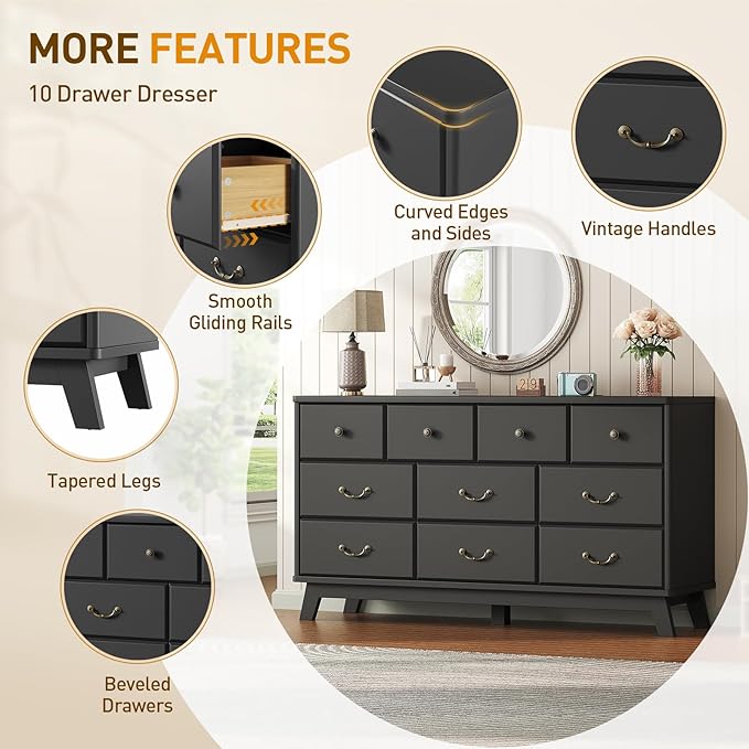 Black Dresser for Bedroom, Wooden 10 Drawer Dresser, 55.1" Wide Chest of Drawers with Vintage Metal Handle, Modern Dressers for Bedroom, Closet, Hallway, Living Room, Dressers TV Stand