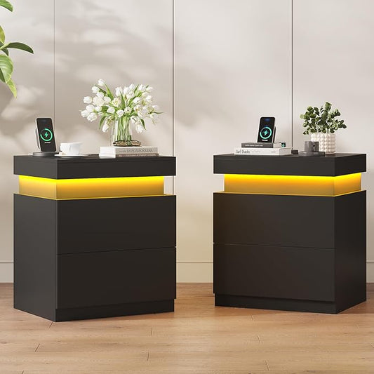 ADORNEVE Black Nightstand Set of 2,Night Stand with Charging Station & LED Light & Sliding Top,Bedside Table with Drawers,Modern Bed Side Tables Bedroom