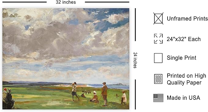 Poster Master Vintage Lady Astor Playing Golf at North Berwick Painting Print - Retro Golf Course Poster - Sports Art - Landscape Wall Design - Office or Living Room Decor - 24x32 UNFRAMED Wall Art